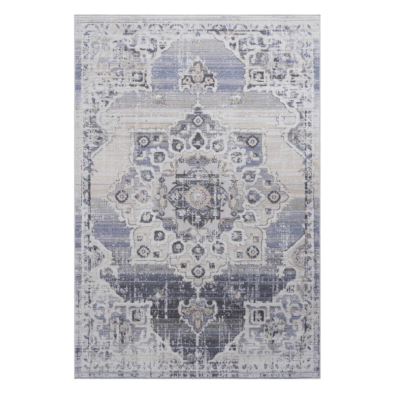 LOOM & LUXE Collection Cream/Blue/Medallion Non-Shedding Area Rug - 90" D x 63" W x 0.28" H