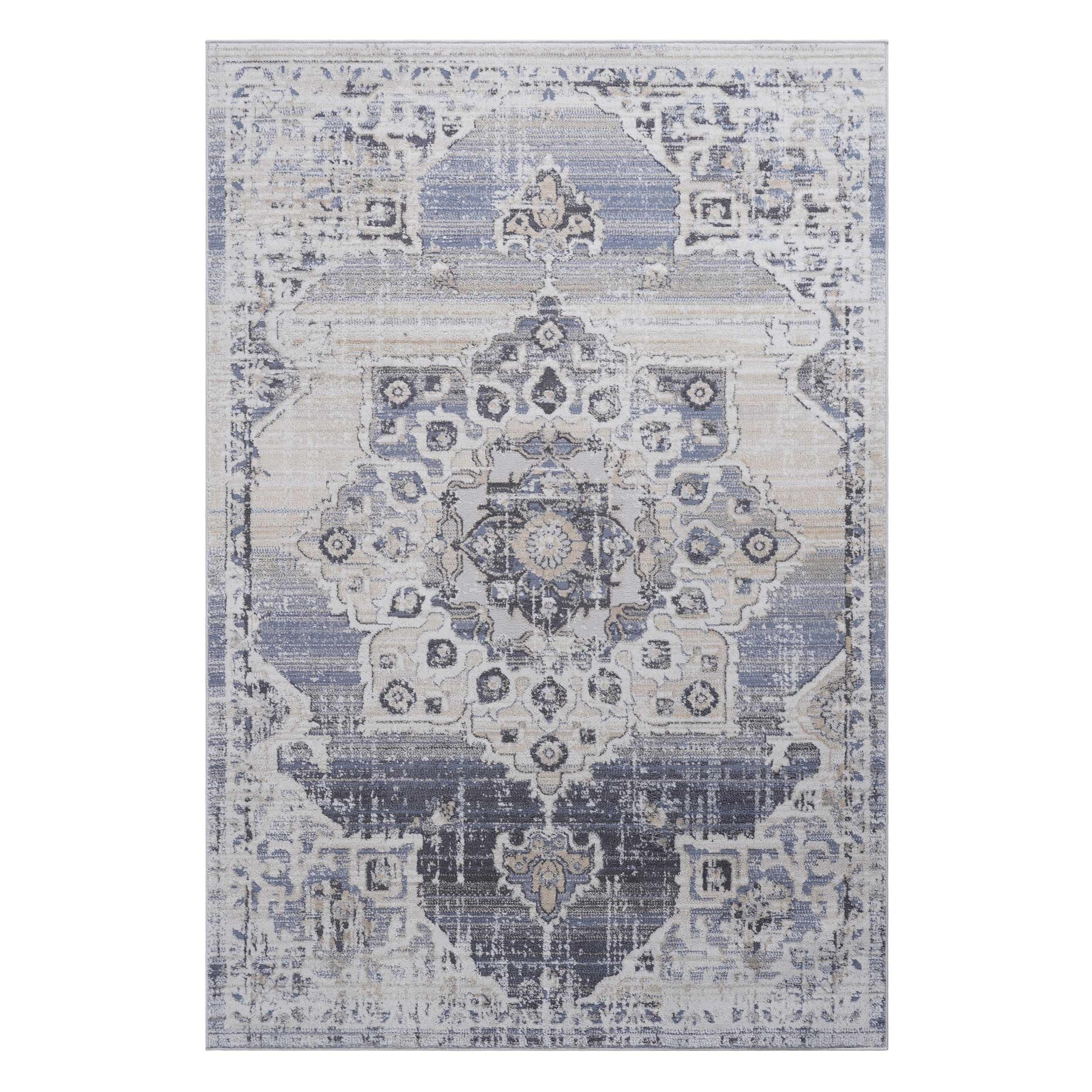 PAYAS Collection Cream / Blue / Medallion Non-Shedding Area Rug