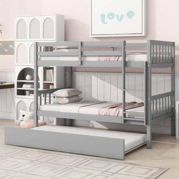 slide 2 of 9, Functional Design Rubber Wood Bunk Bed with Twin Trundle, Ladder and Safety Guardrails, Twin Over Twin, Grey Grey