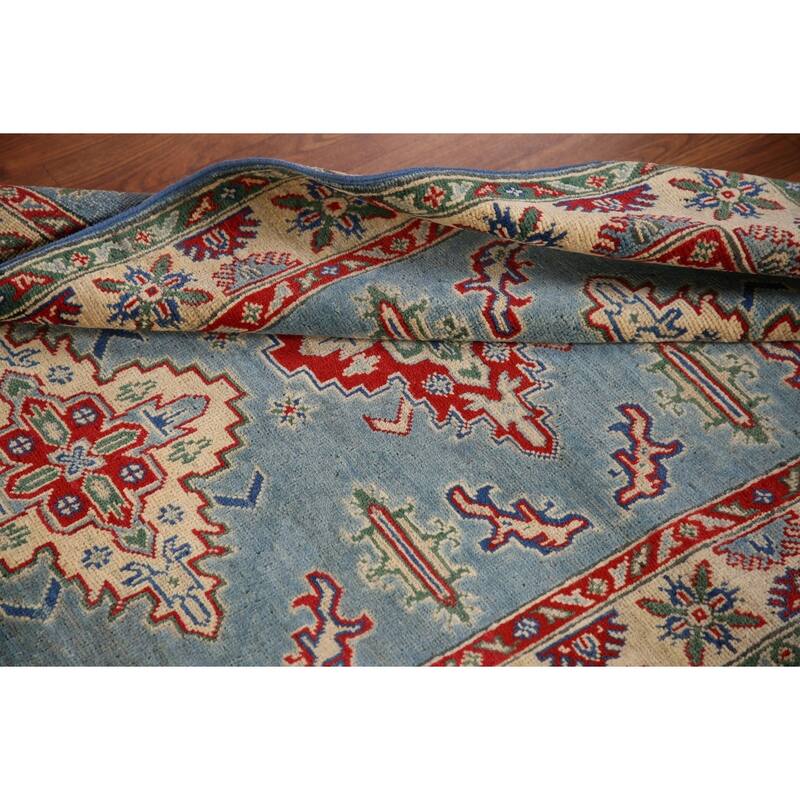 Light Blue Geometric Kazak Oriental Rug Hand-Knotted Wool Carpet - 3'4"x 4'10"