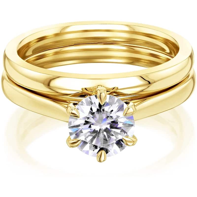 Annello by Kobelli 14k Gold Forever One Moissanite 6-Prong Solitaire Bridal Set (DEF/VS) - Yellow - 4