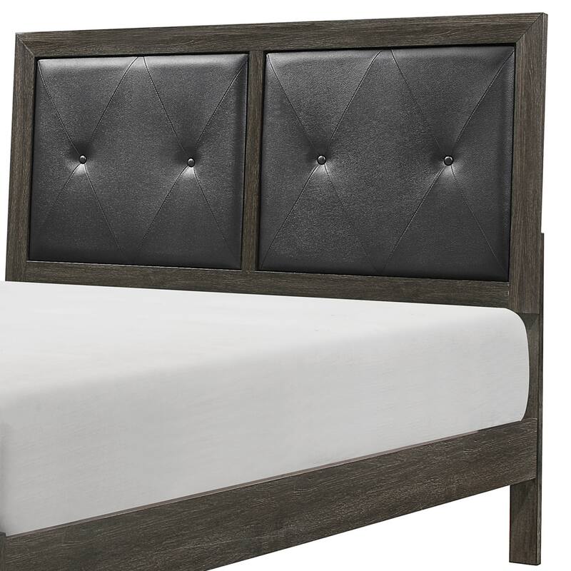 Din Full Size Bed, Button Tufted Faux Leather Upholstery, Gray Wood Veneer