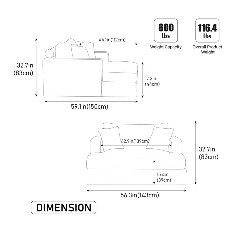 56.3" Wide Extra Large Chenille Sofa Bed, Sturdy Metal Legs, Strong Load-Bearing for Living Room, Bedroom, Apartment
