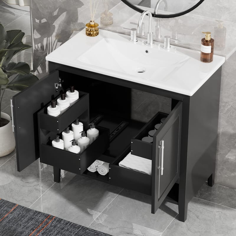36" Bathroom Vanity with Sink, Multi-functional Cabinet - Painted - Single Vanities - Black