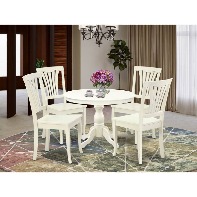 East West Furniture Dining Room Table Set- a Round Kitchen Table and Wooden Seat Dining Chairs, Linen White (Pieces Options) - HBAV5-LWH-W