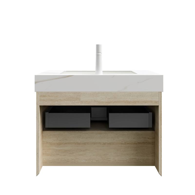GDFStudio - Frigga Modern Floating Beveled Edge Bathroom Vanity with Sensor Light & Calacatta Gold Sintered Stone Top