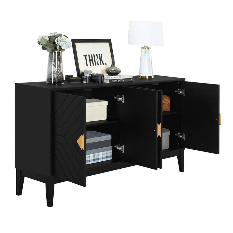 Roomfitters 4-Door Sideboard Storage Cabinet with Two Large Cabinets, Gold Handles and Adjustable Shelf, Black