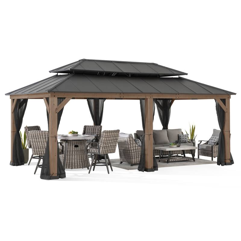 Sunjoy 12x20 ft. Wood Gazebo, Outdoor Patio Steel Hardtop Gazebo, Cedar Framed Wooden Gazebo with 2-tier Metal Roof - Black