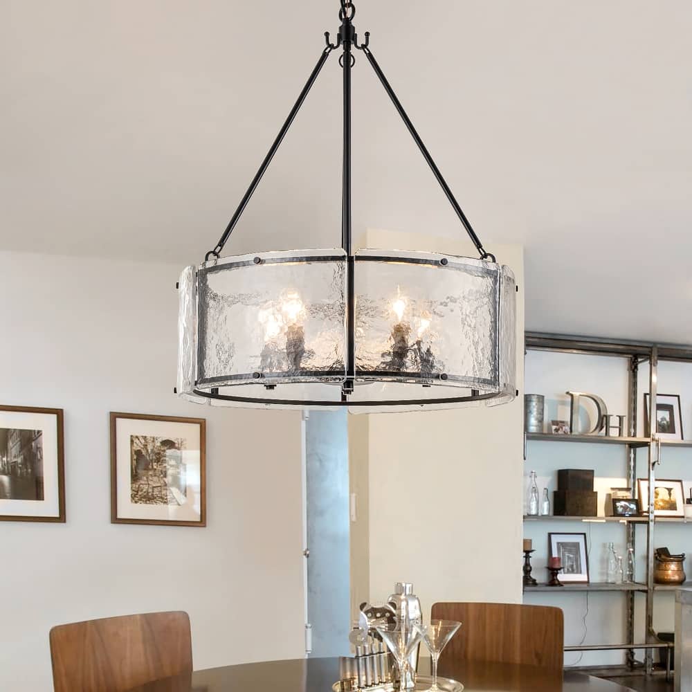 Modern 5-Light 20.5" Lantern Drum Chandelier Water Ripple Glass Pendant for Dining Room