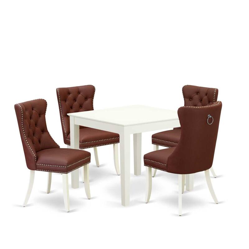 5-Piece Linen White Finish Solid Wood Top - Square Upholstered Dining Room Set - Seats 4