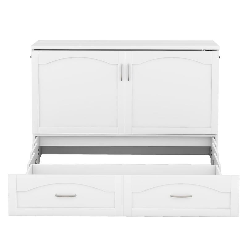 Queen Size Multi-Function Murphy Bed with USB Ports & 2 Drawer, Pulley Structure Design Space-Saving Foldable Wall Bed, White