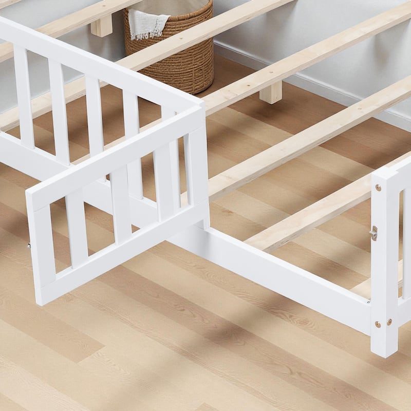 Full Size Montessori Floor Bed with Fence and Door, Solid Wood Platform Bed with Slats for Kids and Toddlers