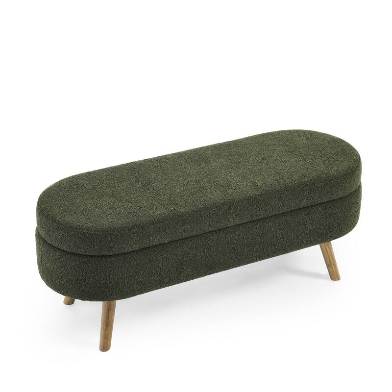 Anmytek Green Oval Storage Ottoman Bench Upholstered Footstool with Solid Wood Legs