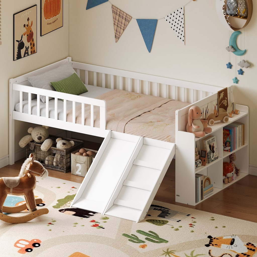 Twin Bed Frame with Storage Shelf, Slide, Ladder, and Guardrail