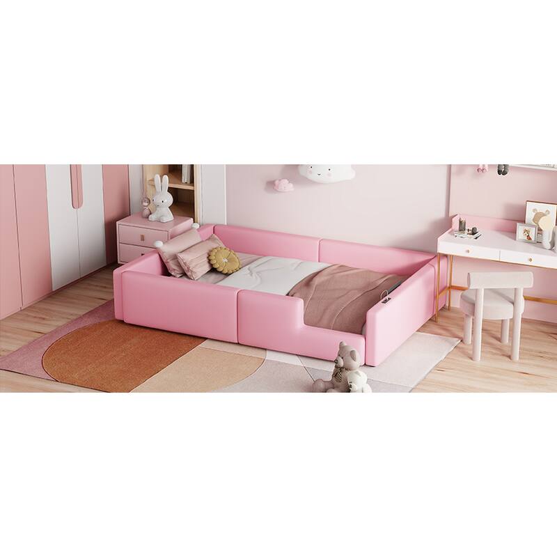 Roomfitters Twin Size Upholstered Floor Bed with USB Charging Ports and High Guardrails, Modern Padded Bed Frame