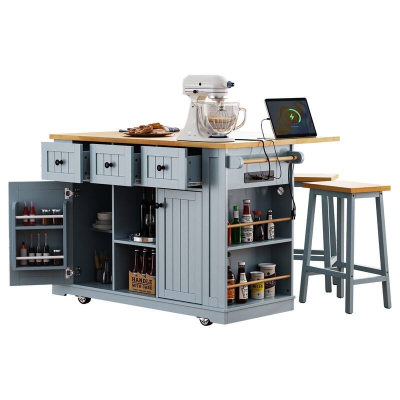 3-Piece/1 Piece Kitchen Island Set with/without 2 Bar Stools, Kitchen Cart on Wheels with 3 Drawers, Drop Leaf & Open Side Racks