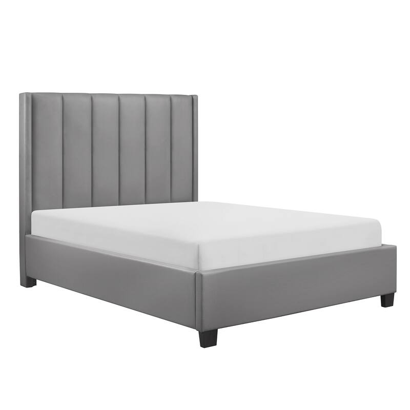 Neon Queen Platform Bed, Faux Leather Upholstered Headboard, Gray Wood
