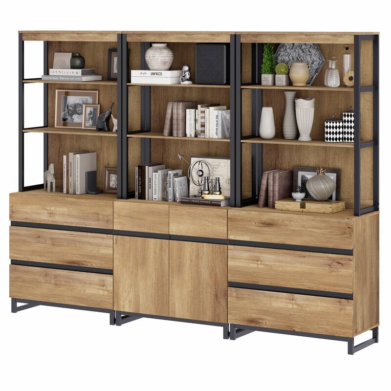 WAMPAT 3-Piece Modern 72" Tall Bookcase with 6 Drawers and Adjustable Shelves