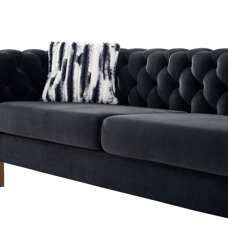 84.25" Luxurious Tufted Velvet Upholstered 3-Seater Sofa with Golden Metal Armrest Design and Buttoned Tufted Backrest