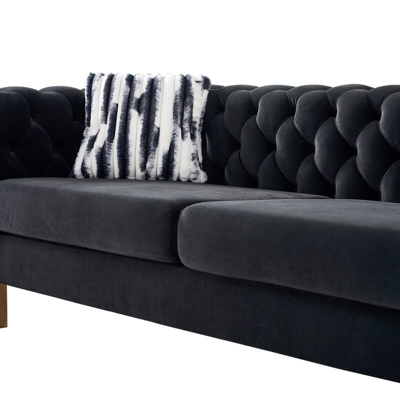 Modern Tufted Velvet Living Room Sofa with Gold Metal Legs, 84.25''W, Black