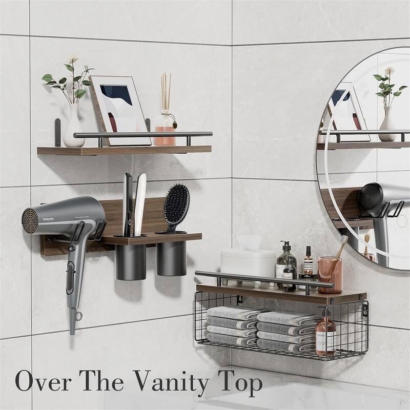 Floating Shelves with Hair Dryer Holder - 5.9"D x 15.7"W x 0.6"H
