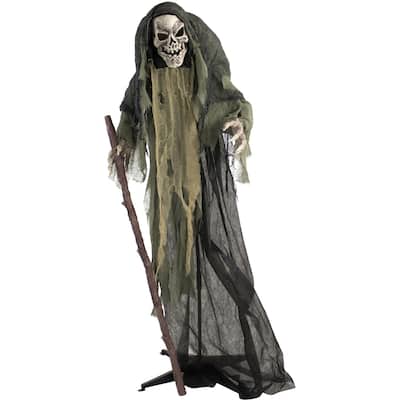 Haunted Hill Farm Life-Size Animatronic Reaper Indoor/Outdoor Halloween Decoration, Flashing Red Eyes, Poseable, Battery