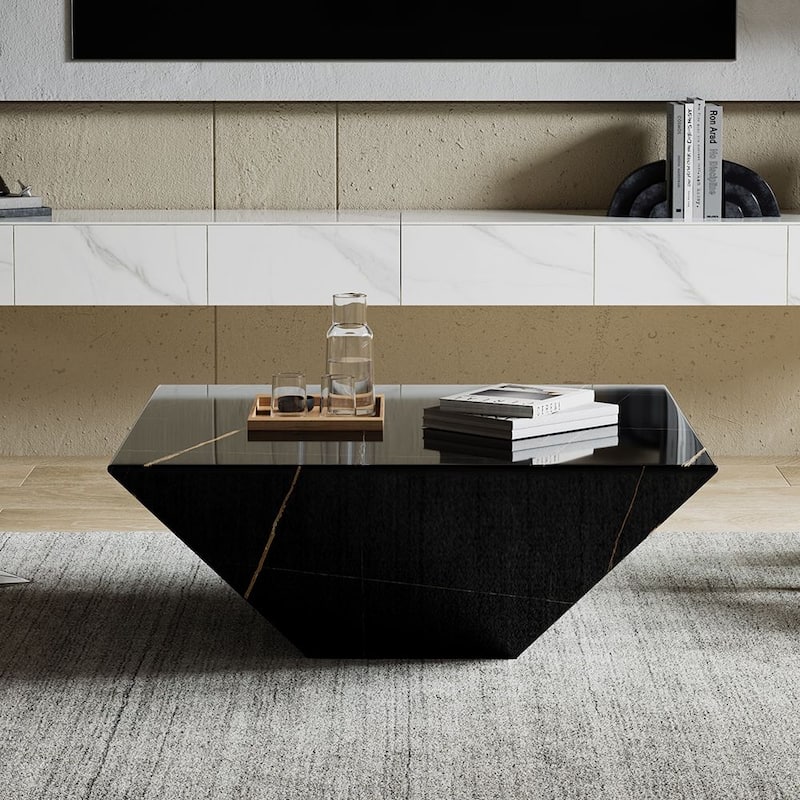 Modern Square Coffee Table, Trapezoid White Sintered Stone Coffee Table, Fully-assembled