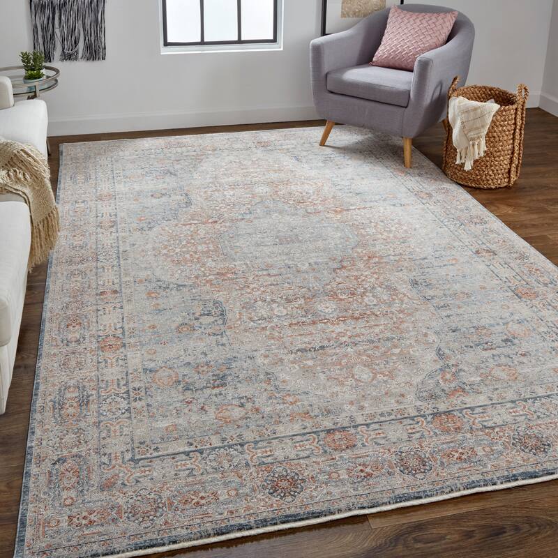 Gilford Rustic Persian Farmhouse Rug, Denim Blue/Rust, Accent Rug