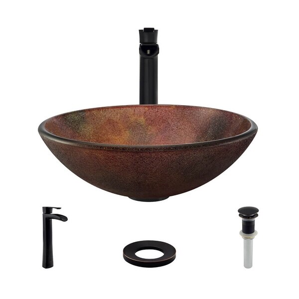 Rene R5-5014-R9-7007 16-1/2" Glass Vessel Bathroom Sink with Vessel Faucet, Sink Ring, and Vessel Pop-Up Drain