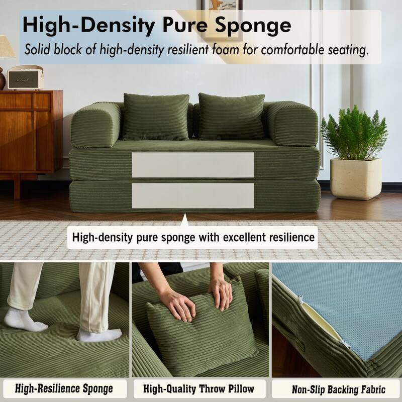 59.05'' Corduroy Convertible Sofa Bed with Cylindrical Pillow, Floor Sofa Lounge Couch