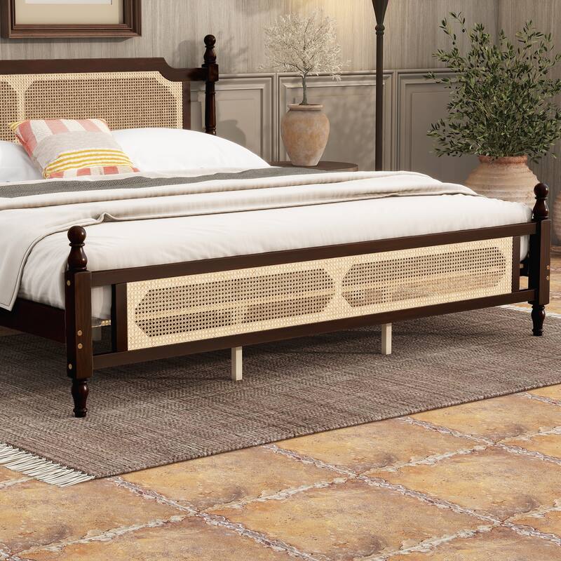King Pine wooden Bed with Rattan Headboard and Footboard, with Central Enhanced Bed Platform