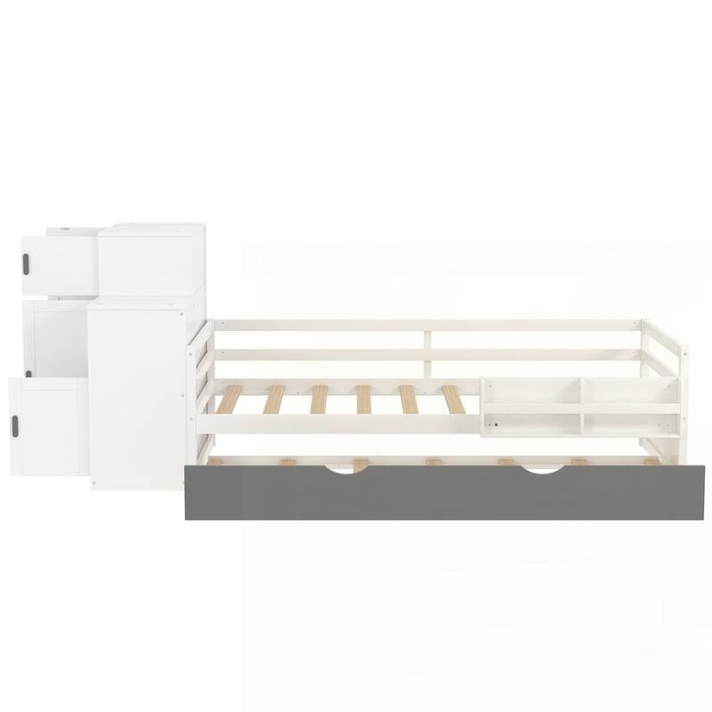 Wood Platform Bed with Sample Bookshelf and Movable Wardrobe