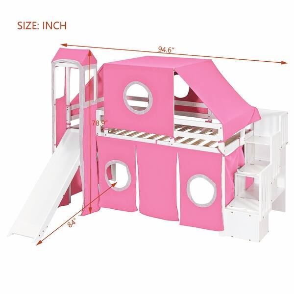 dimension image slide 1 of 2, Twin Size Loft Bed with Storage Stairs, Tent & Tower, Solid Wood Castle-Inspired Kids Loft Bed Frame with Slide, Fence & Window