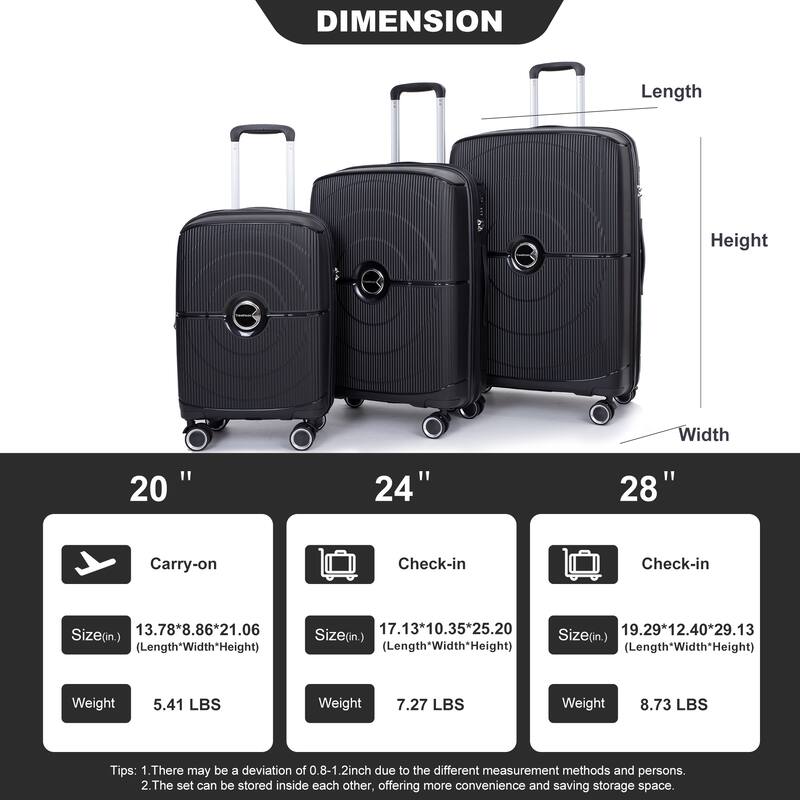 Expandable Hardshell Suitcase Double Spinner Wheels PP Luggage Sets 3-Piece Set (20/24/28) - Black