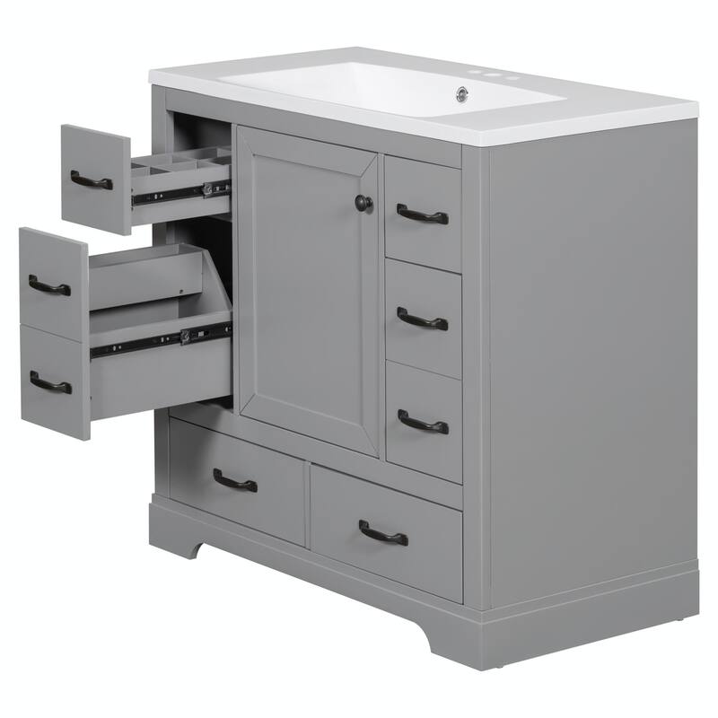 36" Bathroom Vanity with Sink Combo: Six Drawers, Multi-Functional Divider, Adjustable Shelf