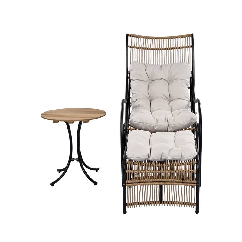3 Pieces Wicker Outdoor Patio Furniture Set with Lounge Chair, Balcony Chairs Table Set with Cushions, Ottoman