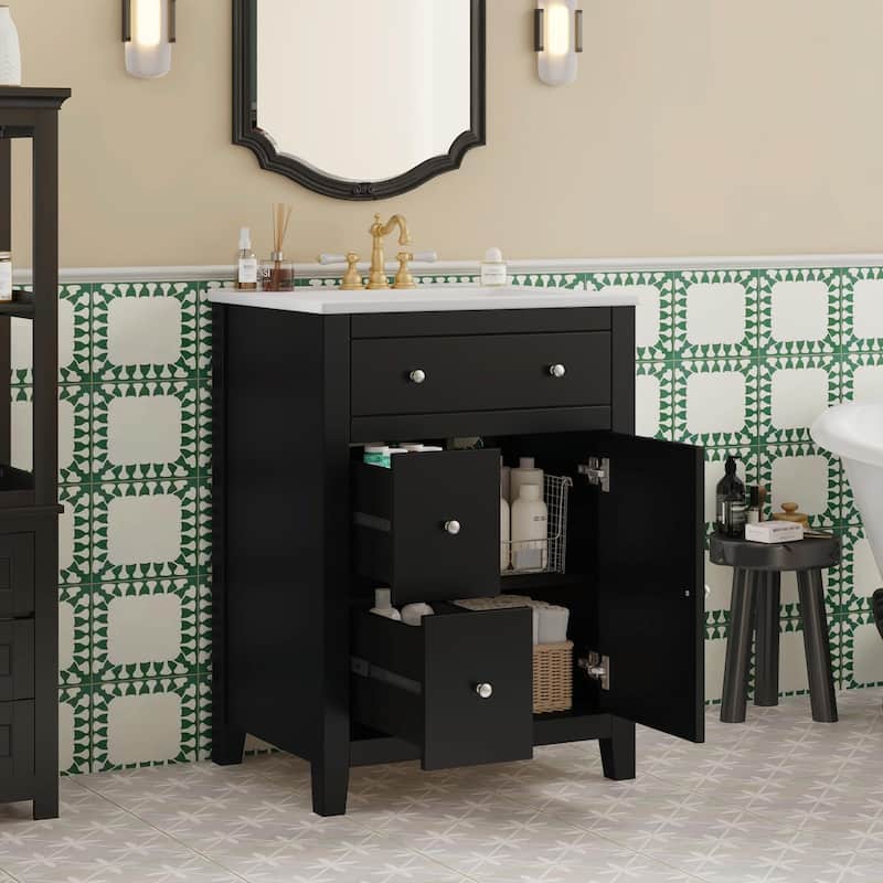 24" Modern Bathroom Vanity with Ceramic Basin - Restroom Sink Cabinet with 2 Drawers