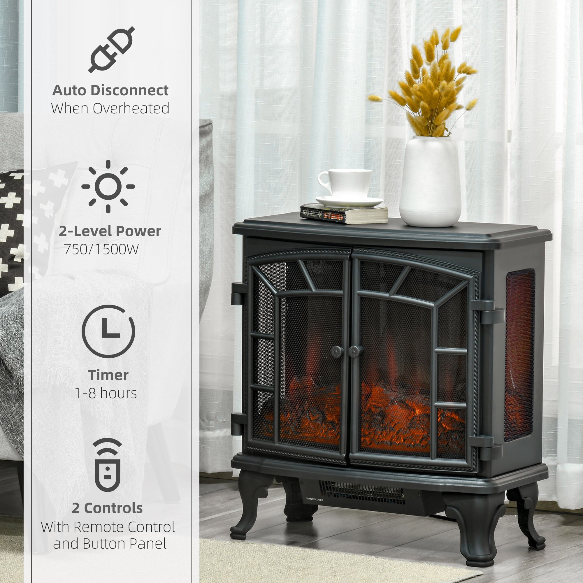 HOMCOM 25 Electric Fireplace Wood Stove, Freestanding Fireplace Heater,  Timer and Remote Control, 750W/1500W, Black - On Sale - Bed Bath u0026 Beyond -  35065564