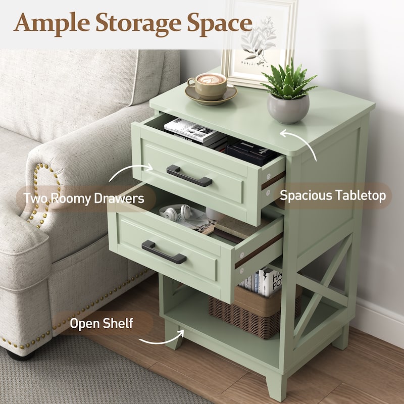 Tall Nightstand with 2 Drawers and Open Shelf Below