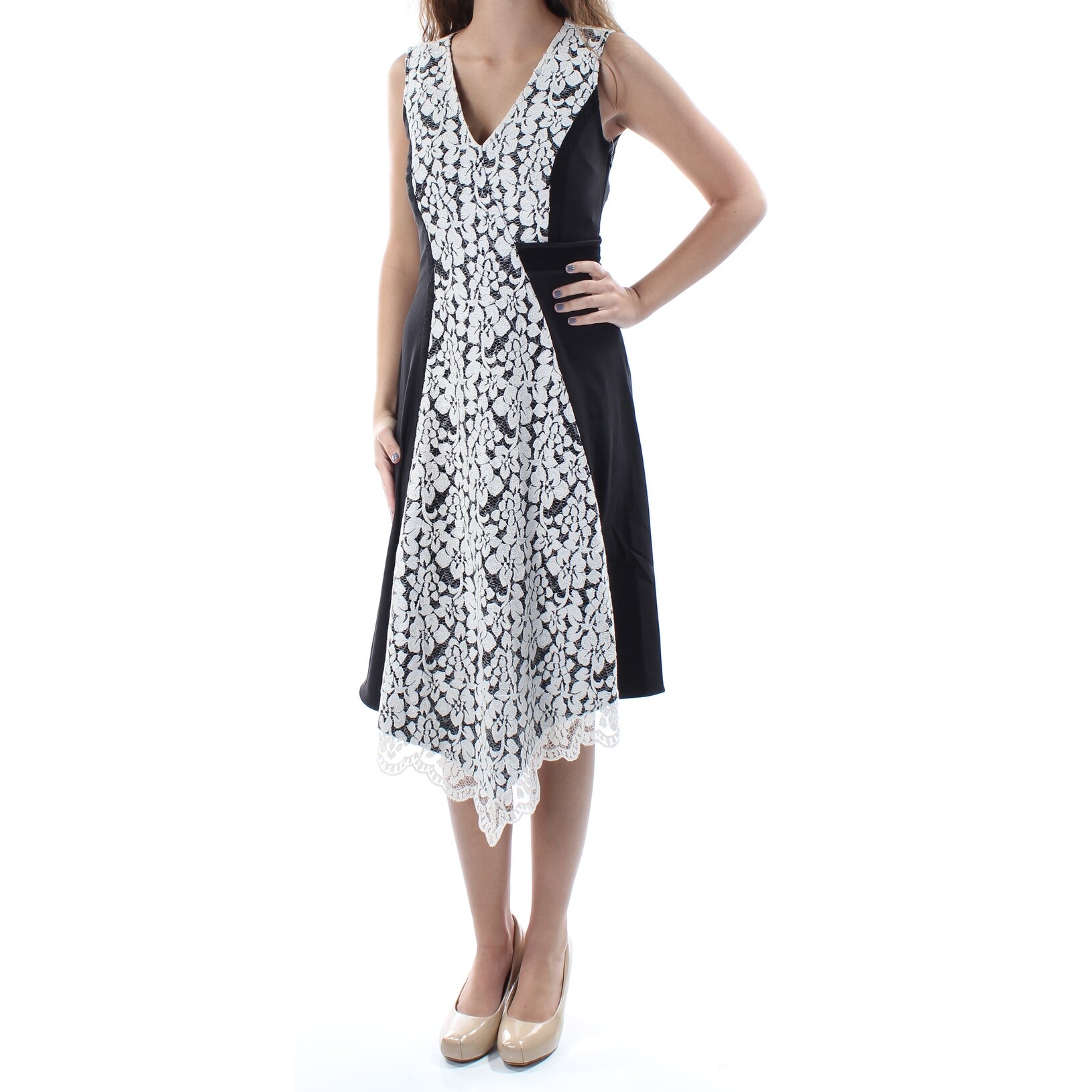 Shop Rachel Roy Womens Black Lace Sleeveless V Neck Midi A Line