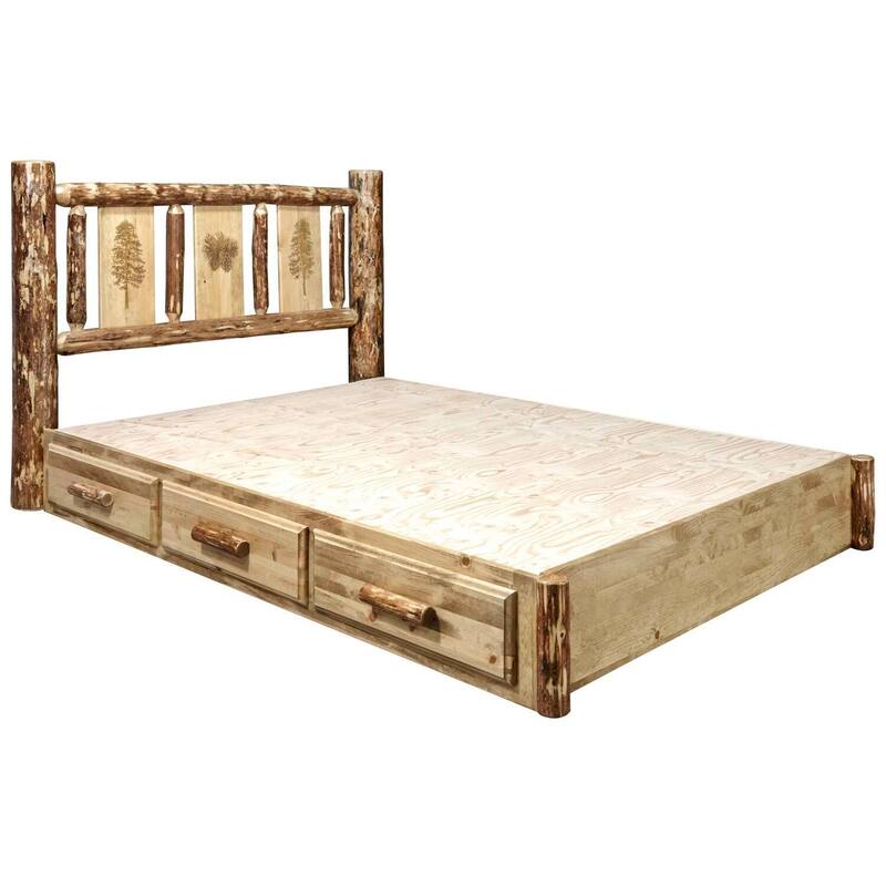 Rustic Platform Bed with Storage - Laser Engraved Pine Tree Design - Wood Bed Frame - 83" x 60" - 550lb Capacity