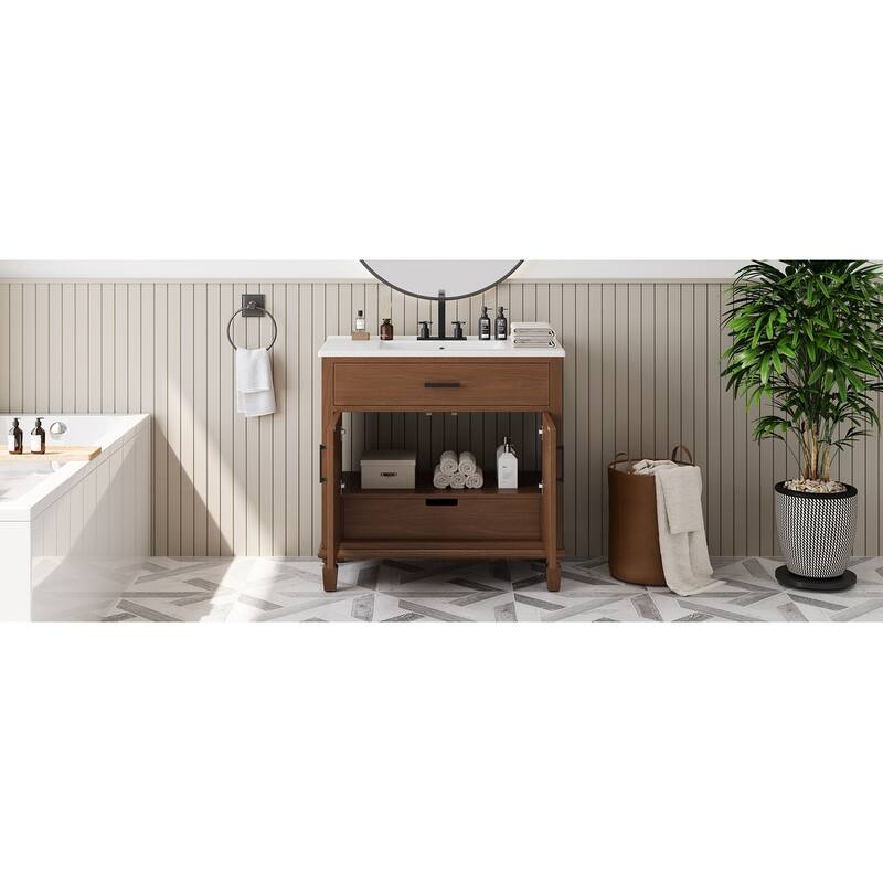 36"Bathroom Vanity with Ceramic Sink,Bathroom Cabinet with 2 Soft Close Doors and 3 Drawers,Free-standing Vanity with Wood Legs