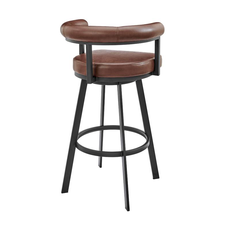 Weni Swivel Barstool Chair, Brown Faux Leather, Black Iron Frame