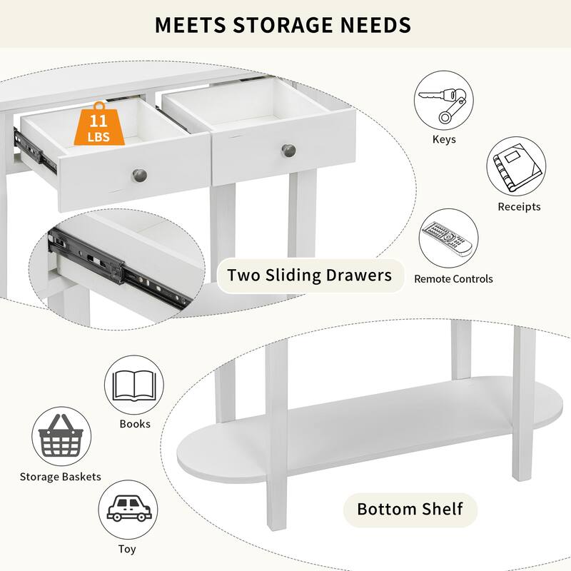 Curved Console Table with 2 Storage Drawers and Metal Handles, Wooden Hallway Tables Entryway Table wOpen Storage Shelf