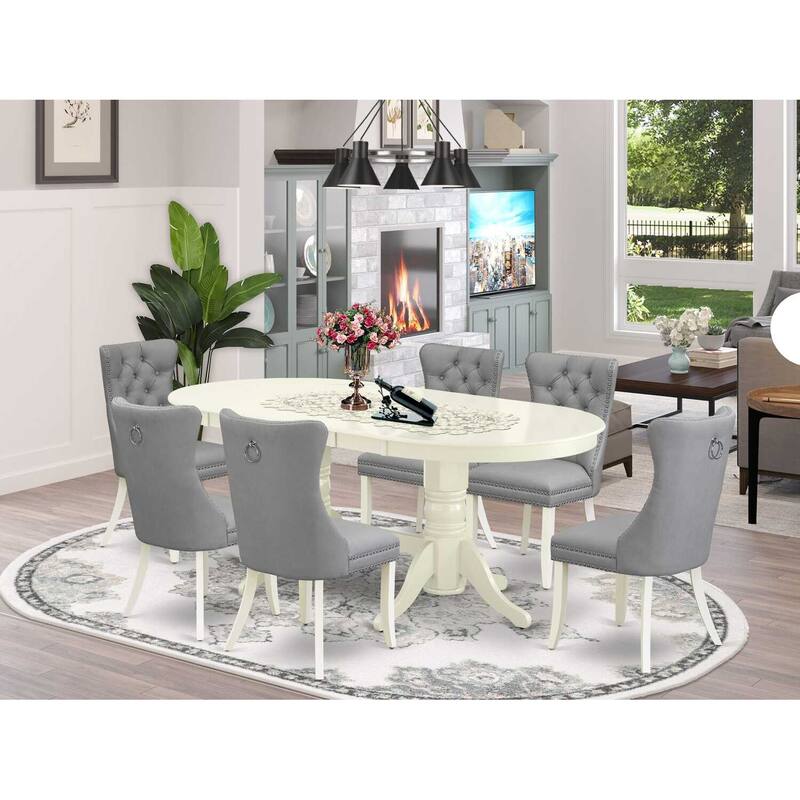 Modern 7 Piece Dining Set - Oval Table with 6 Linen White Chairs