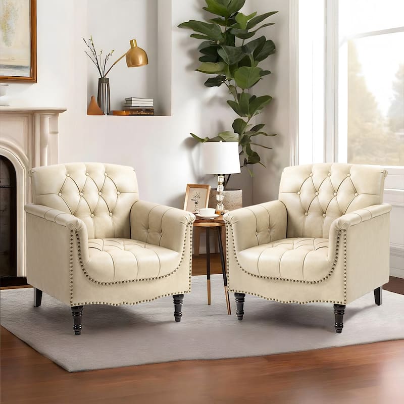 Traditional Faux Leather Tufted Accent Arm Chair with Nailhead Trim - Set of 2 - Beige