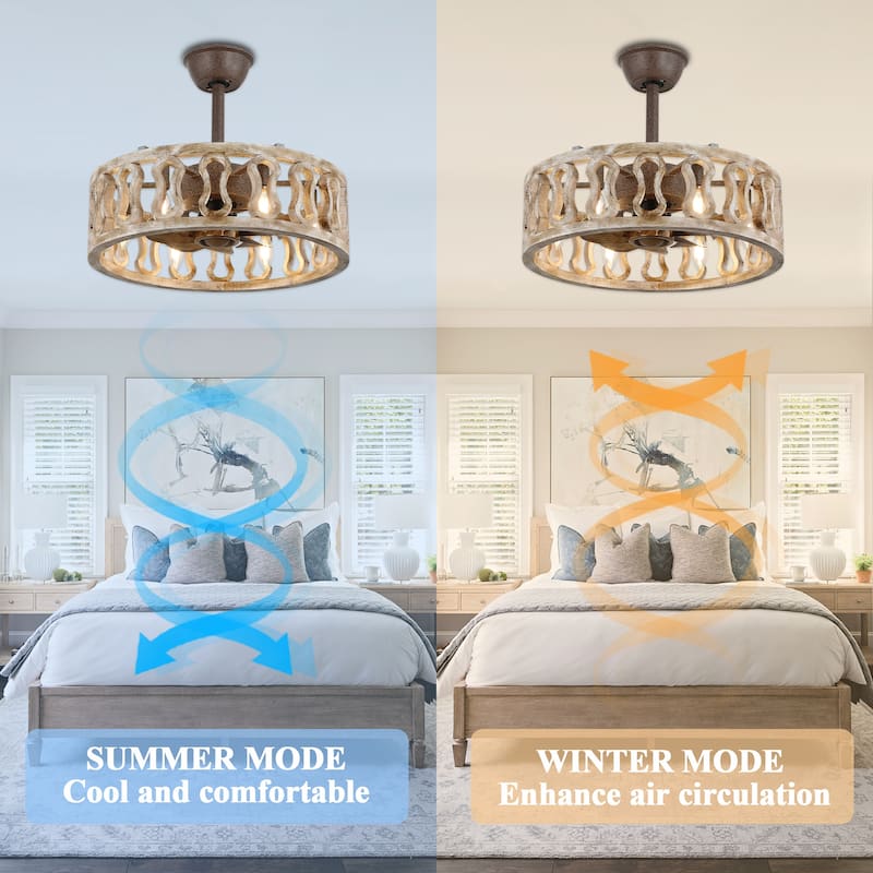 Cusp Barn 18-In Modern Caged Ceiling Fan with Remote, Farmhouse Antique Wood Fandelier, 6-Light Rustic Chandelier for Bedroom