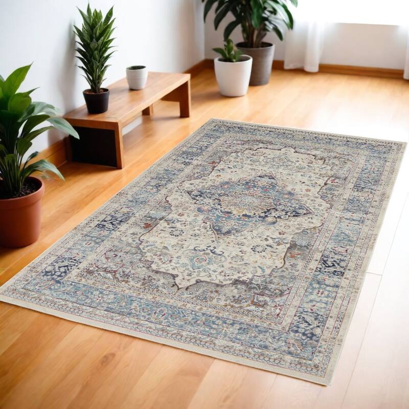 HomeRootsFloral Transitional Rectangle Area Rug - 72' X '48' X '0.5 - 72' X '48' X '0.5 - Blue/Orange/Ivory