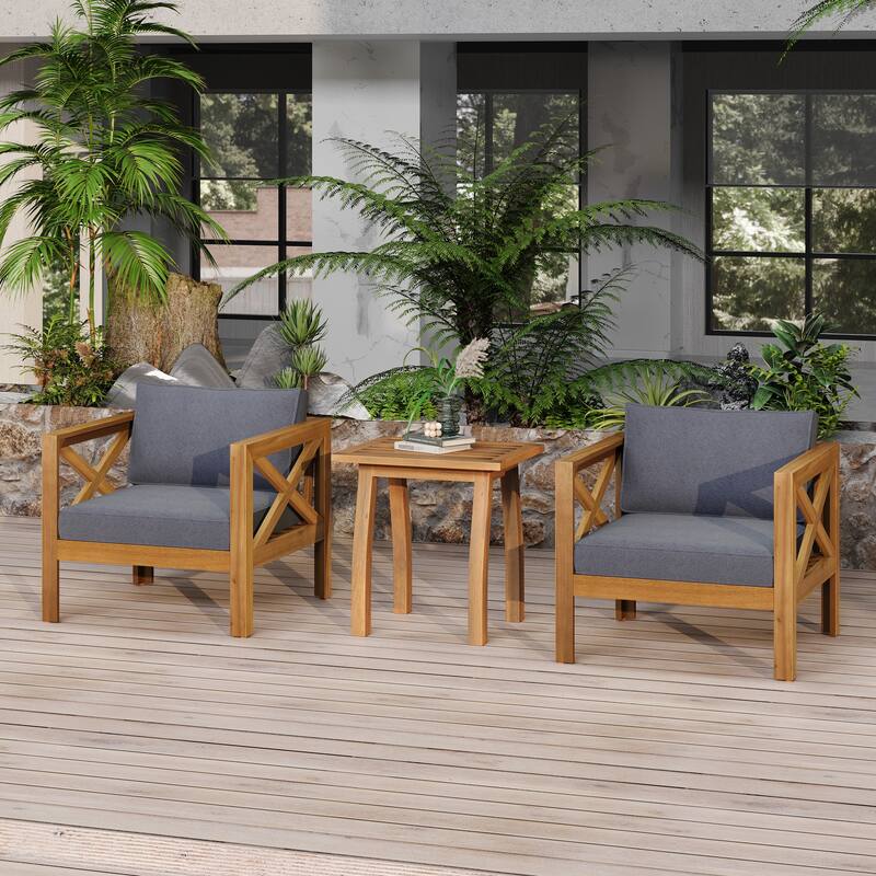 Roomfitters Patio Conversation Set, 2 Outdoor Armchairs with Cushions & Selma Acacia Wood End Table, Teak Finish