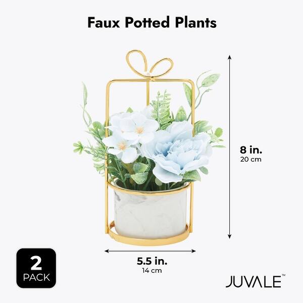 Faux Hydrangea Flowers and Ceramic Planter with Stand, Artificial